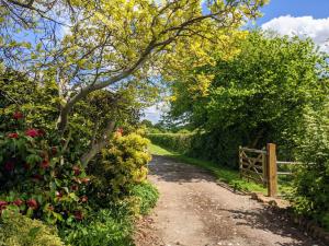 a path through a garden with flowers and a fence at Keeper’s Cottage in Montacute