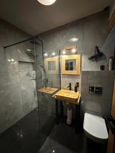 a bathroom with a shower and a sink and a toilet at Zawoja domki z jacuzzi, domek w stylu góralskim in Zawoja