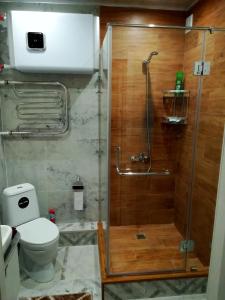 a bathroom with a glass shower with a toilet at Apartment for rent number 2 in Aktau