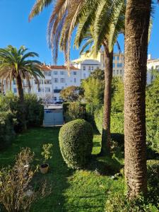a garden with palm trees and a building in the background at Cannes près Croisette beau 2 pièces 3 étoiles in Cannes