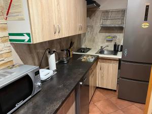 a kitchen with a microwave and a sink at Agroturystyka Kadłubek in Wisła