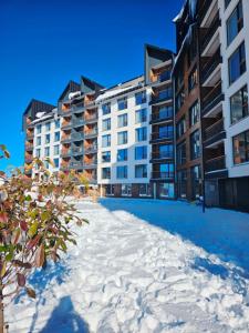 una calle nevada frente a los edificios de apartamentos en Residence Hill Lux, en Kopaonik