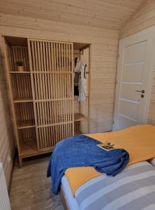 a small room with a bed and a closet at Tiny House Finja - Wohlfühldomizil am Plauer See in Stuer +10 photos
