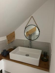 a bathroom with a white sink and a mirror at Gite de l'Ormes Magnolia in Nanteau-sur-Essonnes