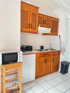 a kitchen with wooden cabinets and a white refrigerator at Appartements CHEZ COCO - Résidence de charme au coeur de Terre-de-haut - Clim, kitchenette, terrasse et Wifi - Proche Centre & Plage in Terre-de-Haut