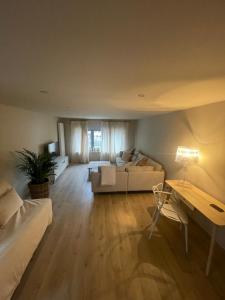 绍德方丹Ô Gadot的客厅里有一张沙发和一张桌子。