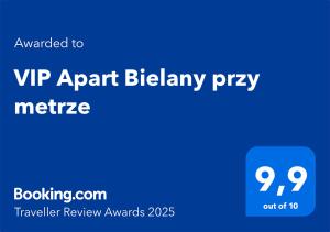 Certifikát, ocenenie alebo iný dokument vystavený v ubytovaní VIP Apart Bielany przy metrze