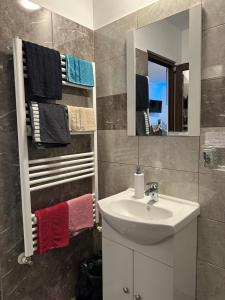 a bathroom with a sink and a mirror and towels at Pensiunea Casa Cezara in Silvaşu de Jos +77 photos