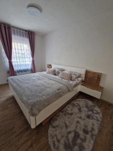 a bedroom with a large bed and a rug at apartma-sobe Lejla in Vipava +30 photos