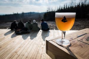 a glass of beer sitting on top of a wooden table at Your Ardennes Adventure - Studio in Jalhay