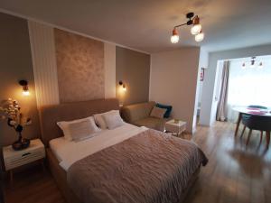 a bedroom with a large bed and a couch at ALDIRA Studio Arena Nationala in Bucharest