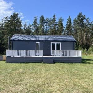 a blue tiny house on a grass field at Domek w Gruszkach in Gruszki