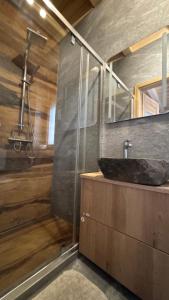 a bathroom with a sink and a shower at Nagy Bujdosó Vendégház in Tardona