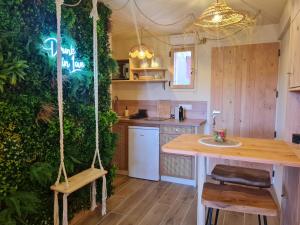 a kitchen with a swing in a room at Barcazen in Le Barcarès