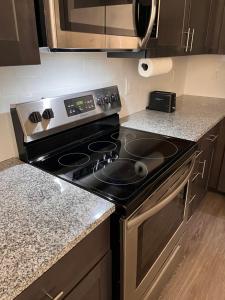 a kitchen with a stove and a counter top at Quiet and Luxury Apartment - 10 minutes from ECU in Winterville