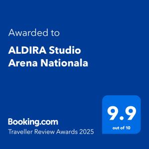 a blue sign with the text awarded to alpha studio africa nationalaila at ALDIRA Studio Arena Nationala in Bucharest