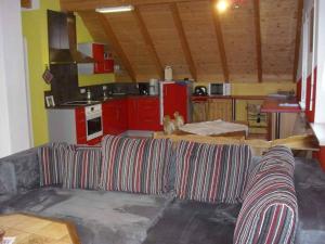 ein Wohnzimmer mit einem Sofa und einer Küche in der Unterkunft Ferienwohnung Saupp in Immenstaad am Bodensee