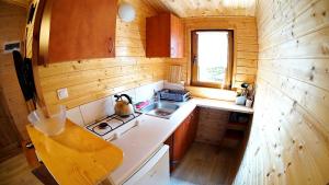 a small kitchen with a stove and a sink at Domki Letniskowe ,,Tęcza" in Rusinowo