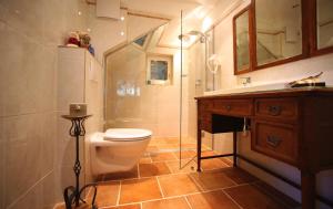 a bathroom with a toilet and a shower and a sink at Romantic Cottage in Pitten