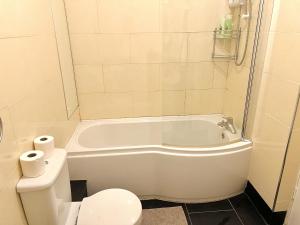 a bathroom with a white tub and a toilet at Cosy Flat at Temple Bar Dublin in Dublin +7 photos