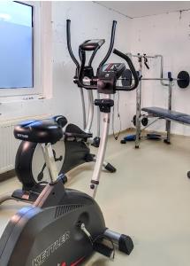una habitación con un gimnasio con 2 bicicletas estáticas en The Lodge Braunlage, en Braunlage