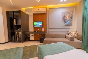 a living room with a couch and a tv at Museum Plaza in Cairo