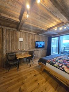 a bedroom with a bed and a desk and a tv at Corso Harrachov Apartment 303 in Harrachov