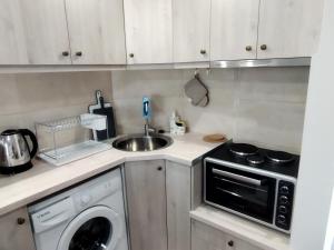 a kitchen with a sink and a washing machine at Studio B3 in Mytilene