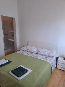 a bedroom with a bed with a green comforter at Bernarda in Sveti Vid-Miholjice