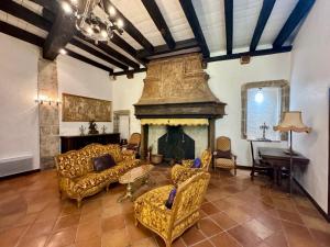 a living room with a couch and a fireplace at Maison du Roy / Royal Chambers in Saint-Antonin