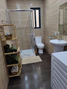 a bathroom with a shower and a toilet and a sink at New Marsalforn Serenity Stay & Near Sea Apartment in Marsalforn