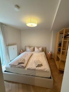 a bedroom with a large bed with a light at Altstadt Perle - Modernes Flair in Erfurt in Erfurt