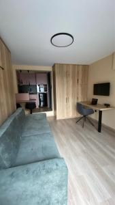 科扎尼Manoria studio的有一张床、一张书桌和一台电视的房间