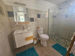 a bathroom with a toilet and a sink and a shower at Appartement Bleu Corail avec Jacuzzi in Les Trois-Îlets