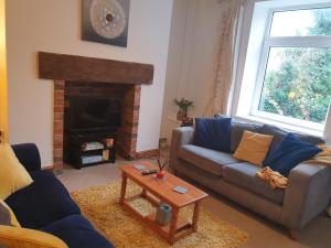 a living room with a couch and a fireplace at Bwthyn Bach (Tiny Cottage) in Wrexham