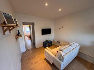 a living room with a couch and a flat screen tv at Appartment la Petite Bleu in Pessac