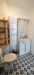 a bathroom with a sink and a toilet and a mirror at Maison cosy au bord du canal, piscine et parking in Béziers +17 photos