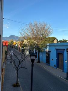 オアハカにあるDepartamento en el centro de Oaxacaの青い建物と街灯のある通り