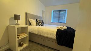 - une chambre avec un lit, une table de chevet et une fenêtre dans l'établissement The cozy, à Bristol