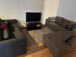 a living room with two couches and a flat screen tv at Helsinki Sweet Homes in Helsinki