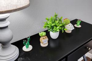 una mesa con varias plantas pequeñas y macetas en Nr Sea World Wifi Games Yard Pets Parking, en San Antonio