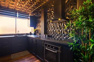 a kitchen with black cabinets and a large plant at Apartamento 951 in Granada