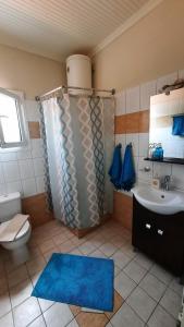 a bathroom with a blue shower curtain and a sink at Villa Elia in Skala Sotiros +51 photos