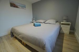 sypialnia z łóżkiem z niebieską torbą w obiekcie Bel Appartement T2 40 M² w mieście Vaugneray