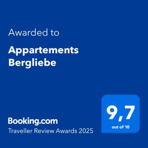 Certifikát, hodnocení, plakát nebo jiný dokument vystavený v ubytování Appartements Bergliebe