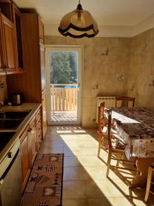 a kitchen with a table and a large window at Ciamorc Relax & Sport Appartament for max 2 Adults 1 child 1 infant in Canazei