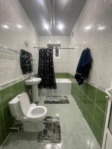 a green and white bathroom with a toilet and a sink at Central Hostel in Tashkent +26 photos