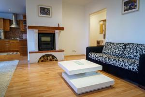 a living room with a couch and a fireplace at Spacious apartment with a fireplace in the city in Bratislava
