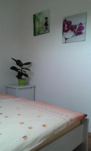 a bedroom with a bed and a potted plant at Apartment Olomouc in Olomouc