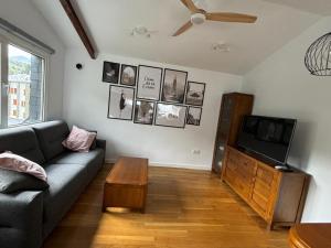 a living room with a couch and a tv at El Cielo de Cerler in Cerler